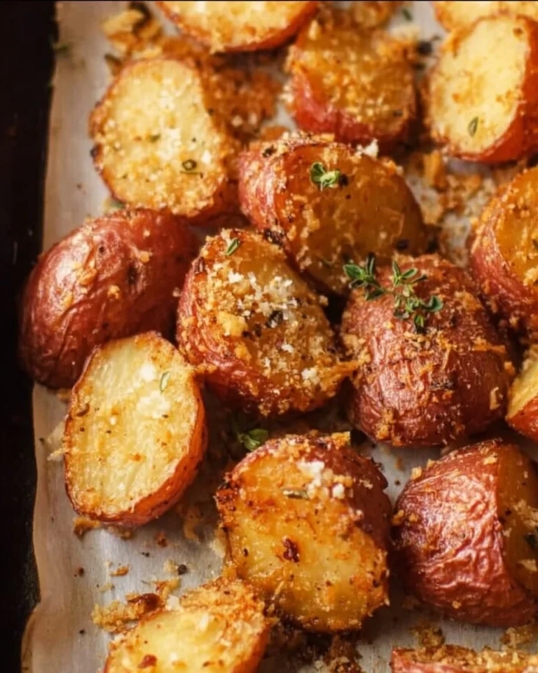 Bowl of Parmesan Roasted Red Potatoes garnished with herbs