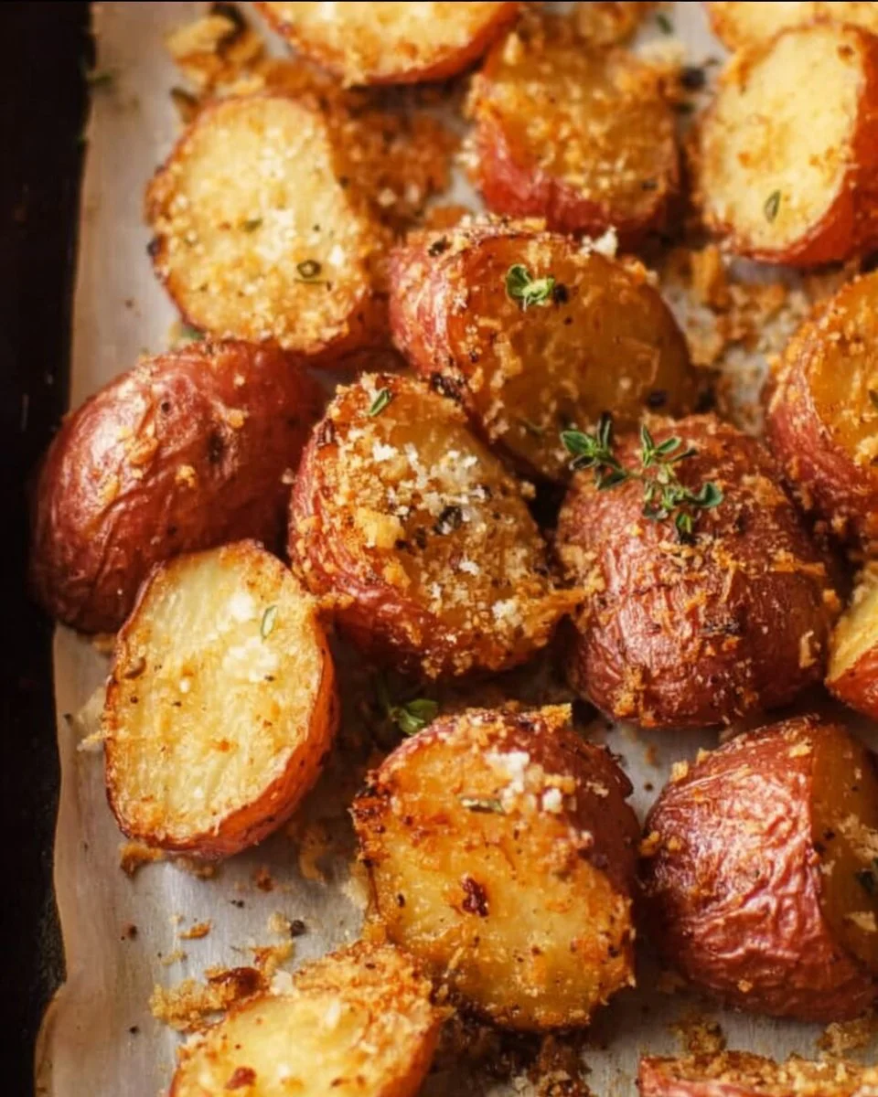 Bowl of Parmesan Roasted Red Potatoes garnished with herbs