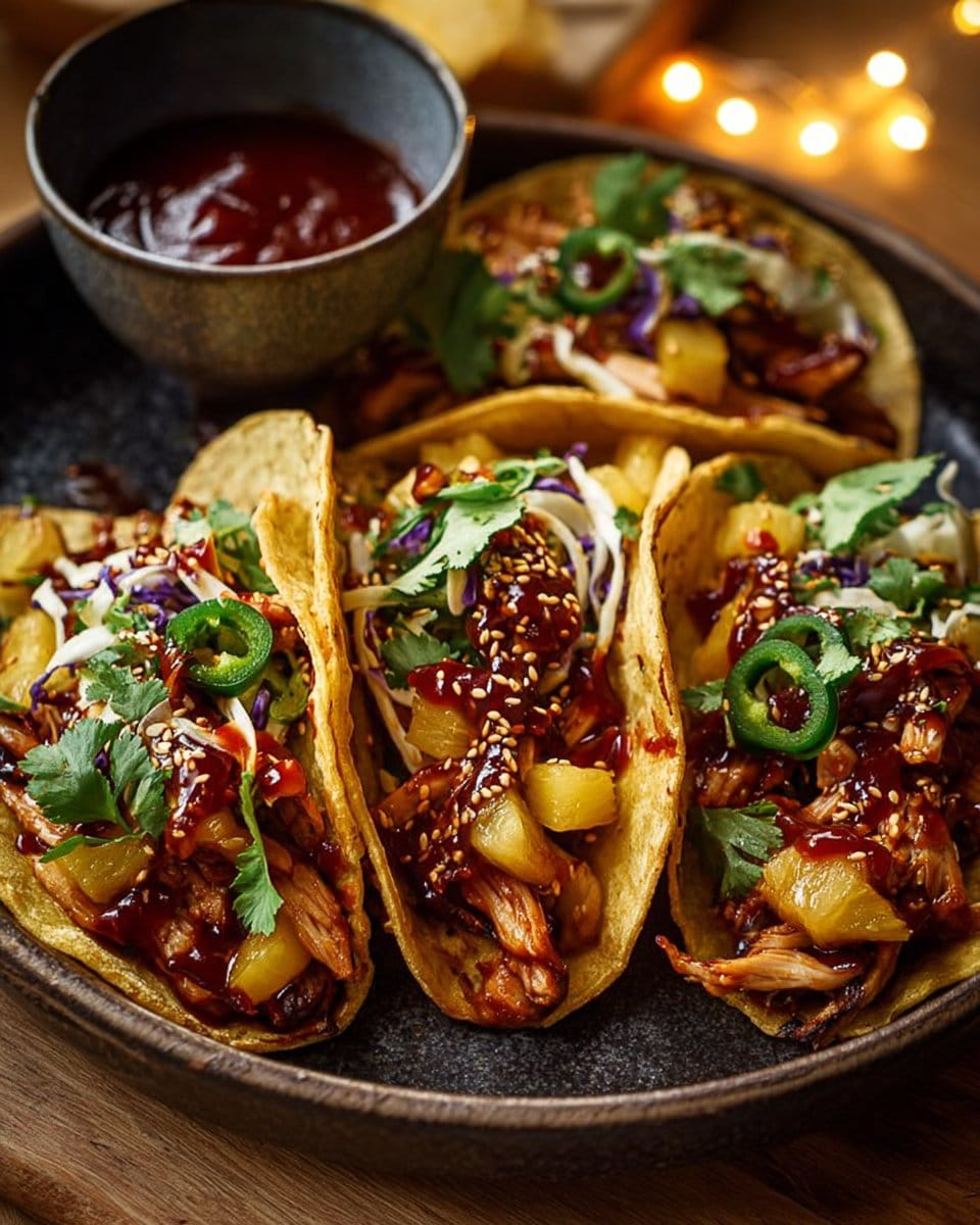 Sweet & Spicy Pineapple Chicken Tacos with Mushrooms and Gochujang Sauce