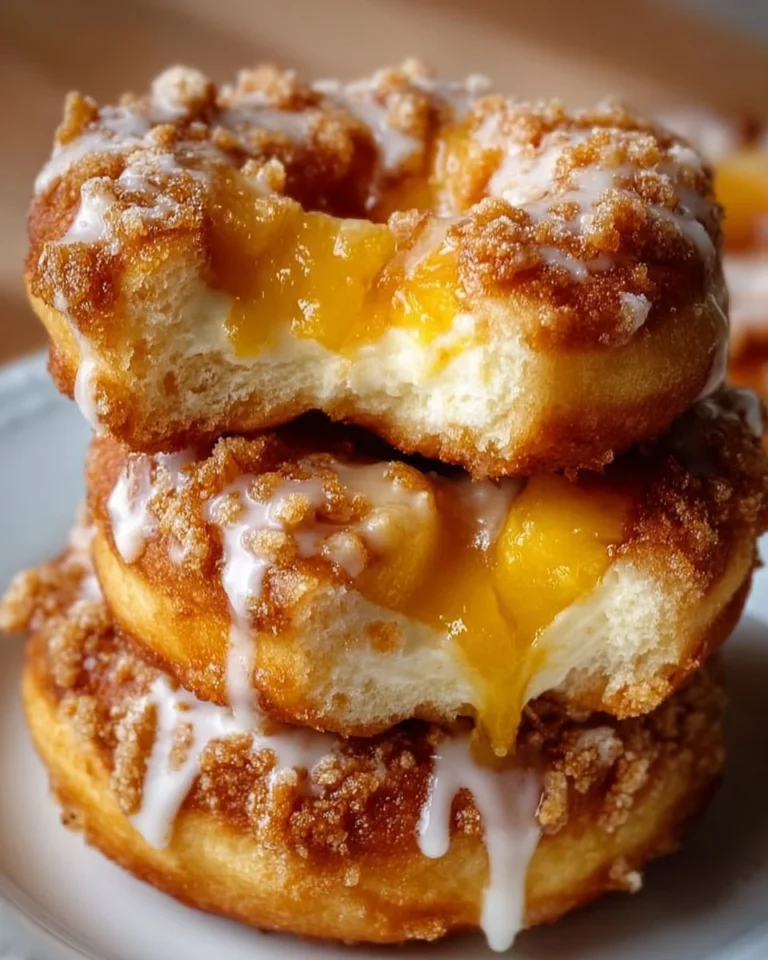 Peach Cobbler Cheesecake Donuts topped with peach slices and drizzled glaze.