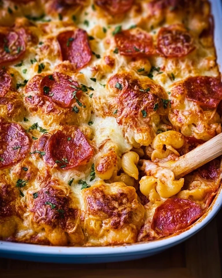 Delicious pepperoni pasta bake topped with cheese and herbs in a baking dish