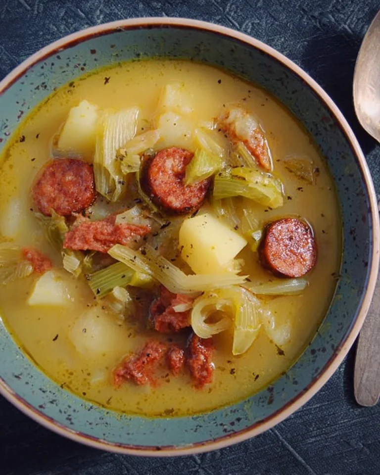 A bowl of Potato Leek Chorizo Soup garnished with fresh herbs