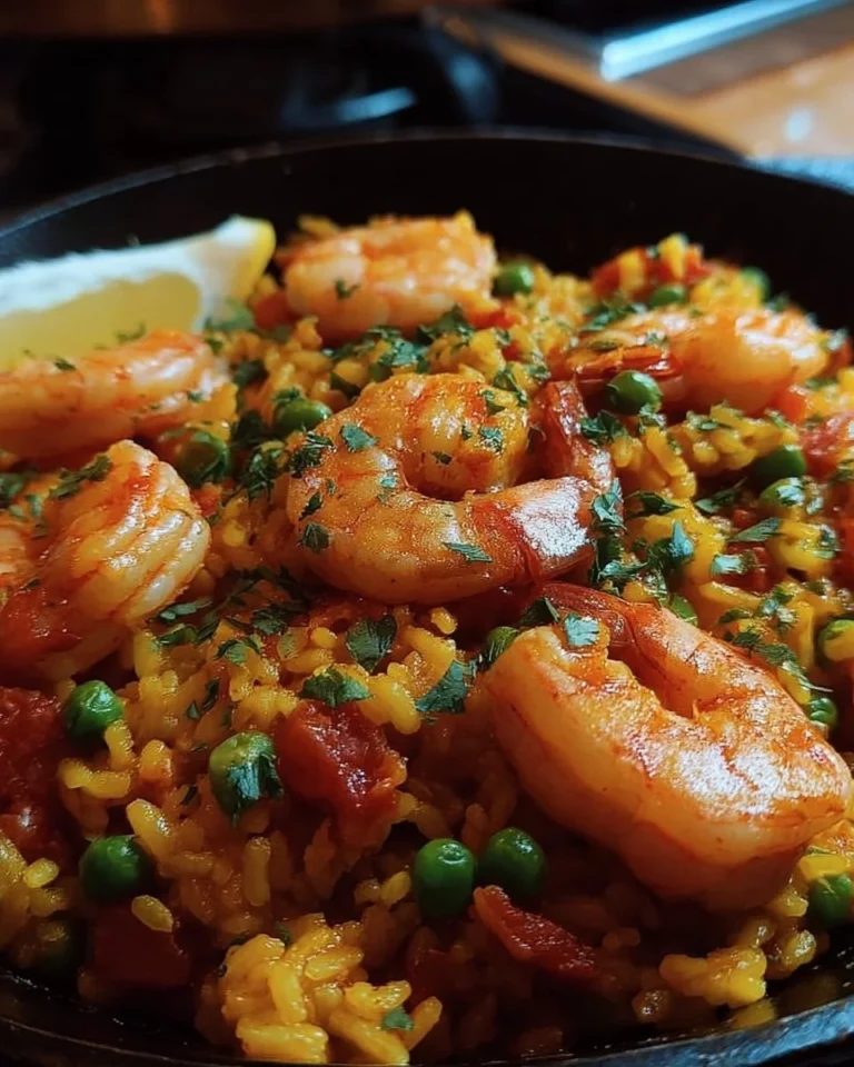 Delicious Pressure Cooker Shrimp Paella served in a colorful dish