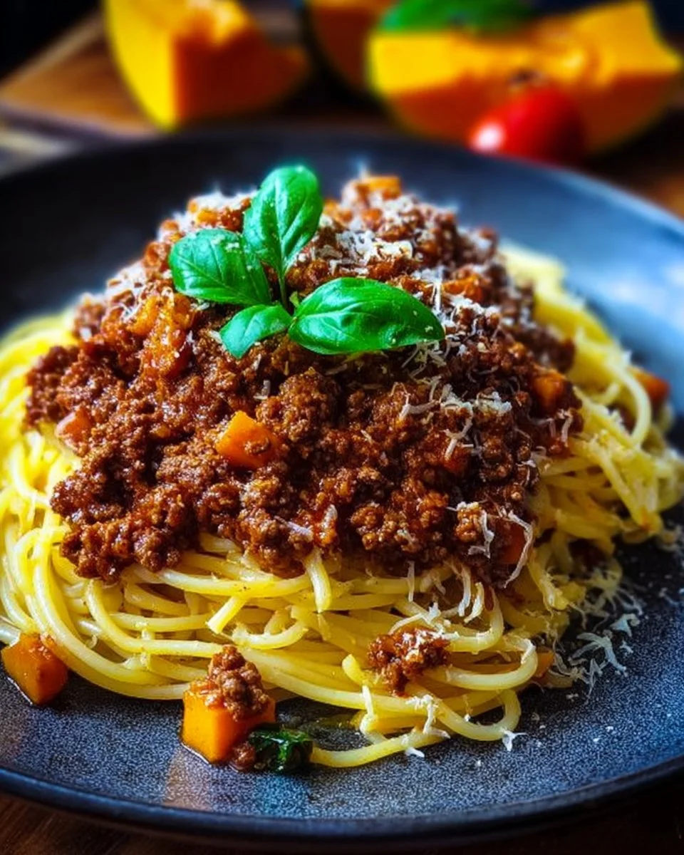 Delicious Pumpkin Beef Bolognese served in a bowl with herbs and grated cheese