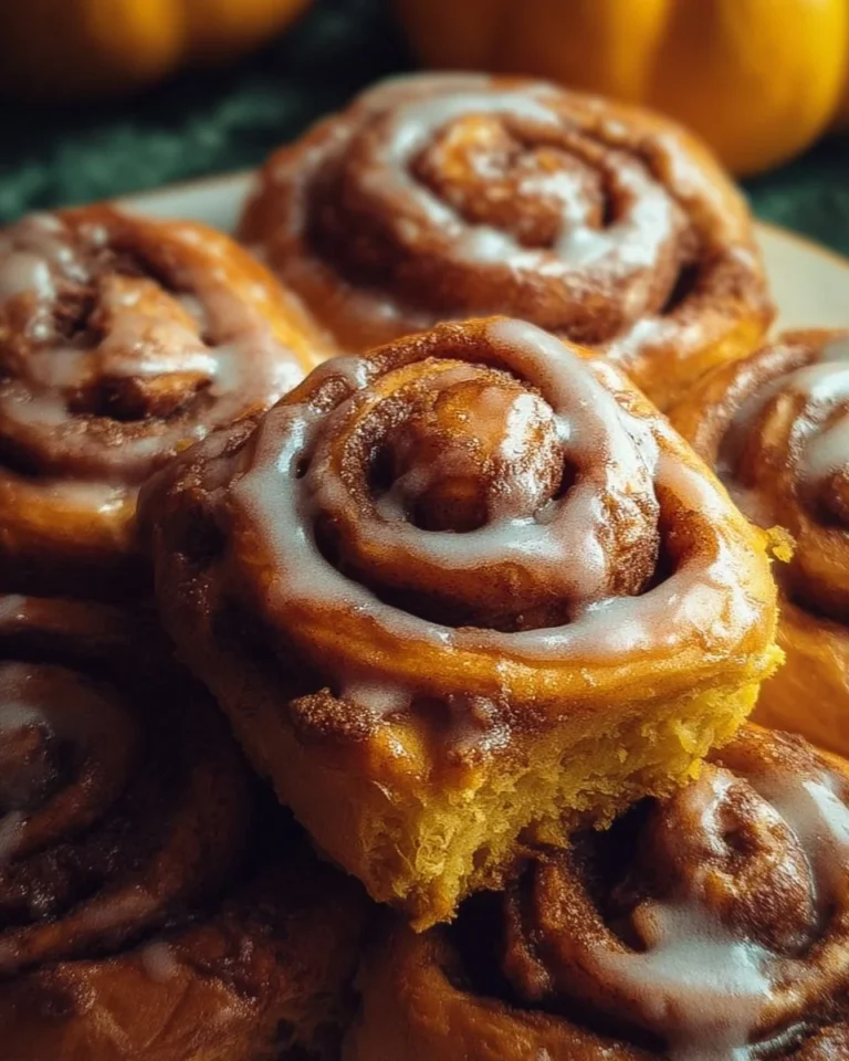 Delicious homemade pumpkin cinnamon rolls topped with creamy glaze.