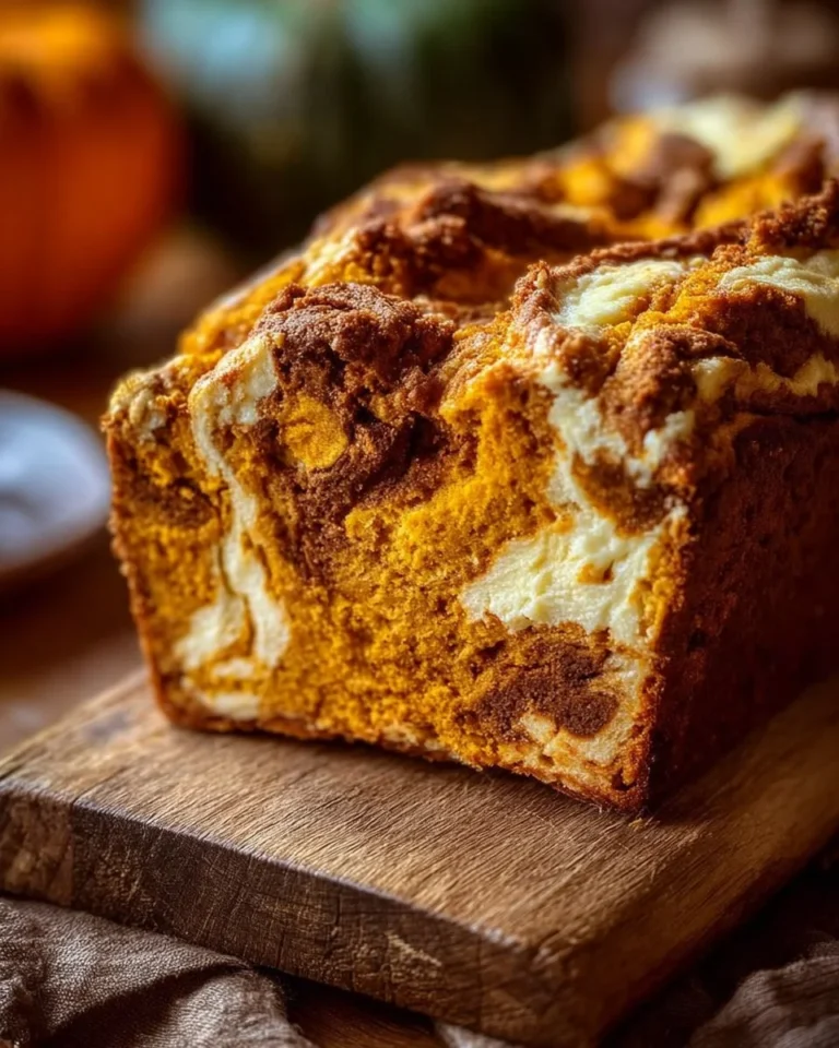 Loaf of pumpkin cream cheese bread with cream cheese swirl on a wooden table