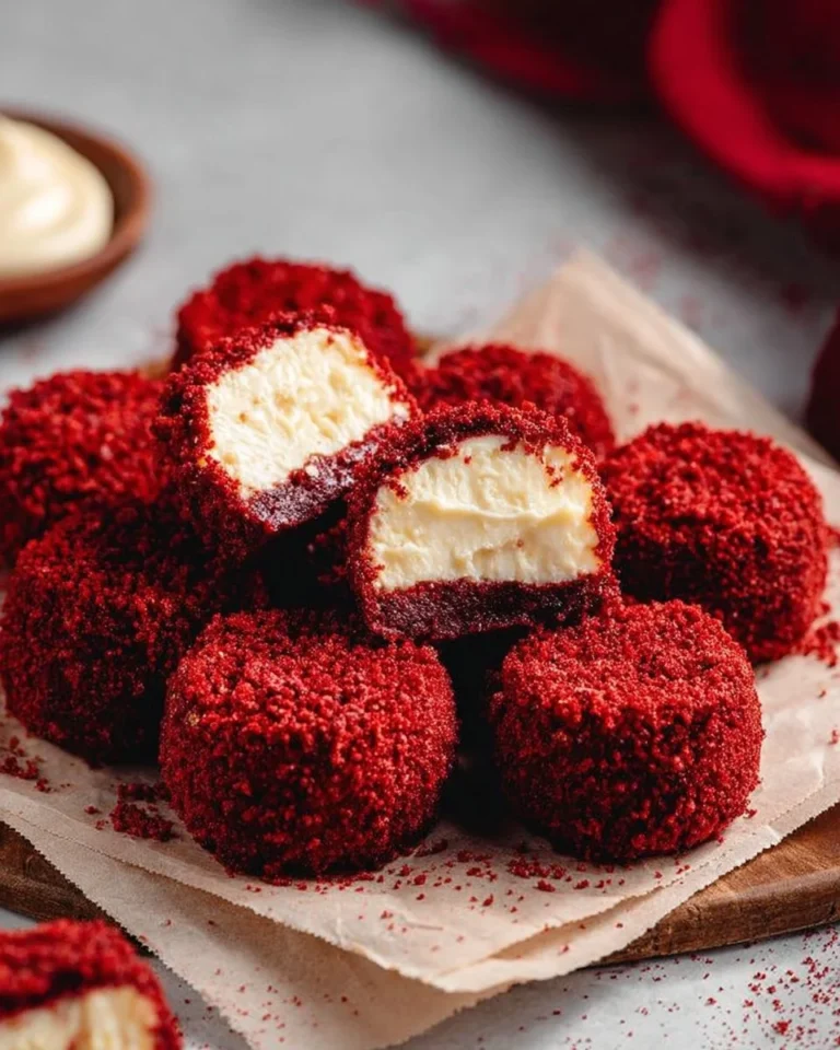 Red velvet cheesecake bites topped with cream cheese frosting
