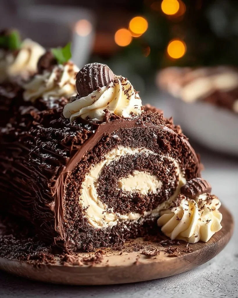 Rich Bailey's decadent Yule Log Cake decorated for the holidays.