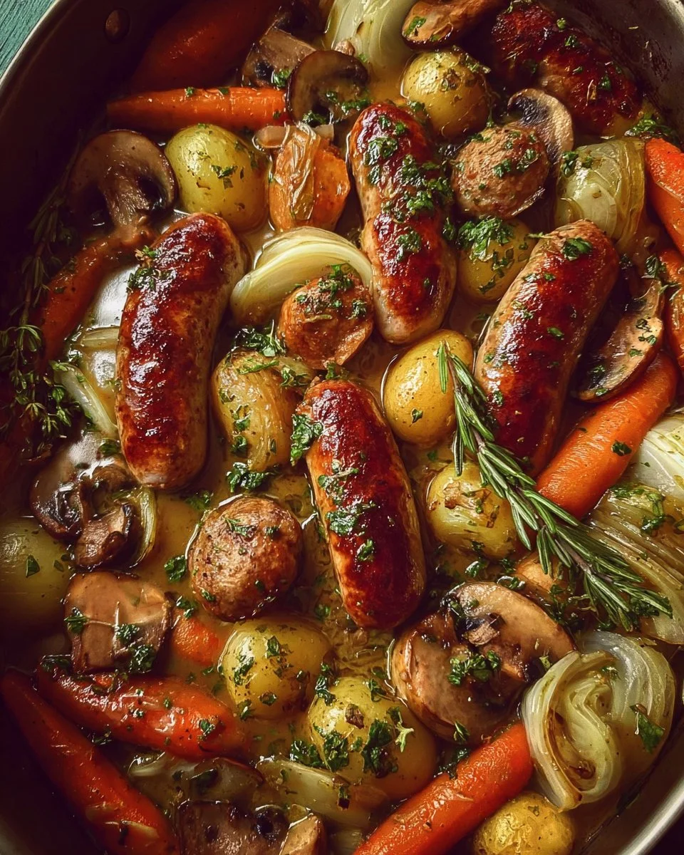 Plate of roasted chicken sausage with vegetables and herb gravy