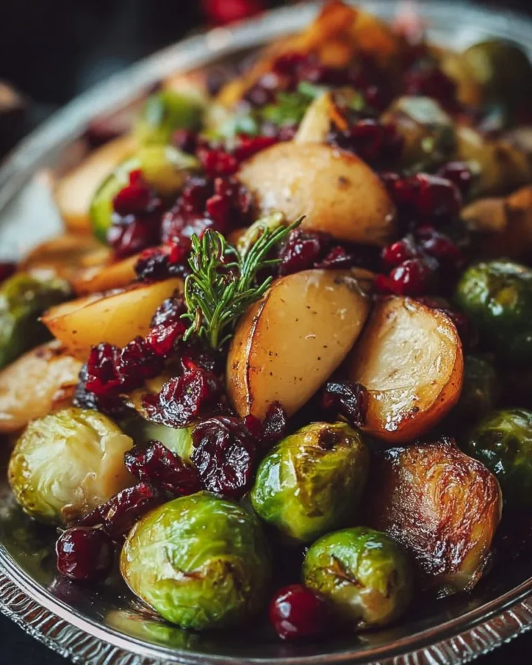 Roasted Pear and Cranberry Brussels Sprouts dish served as a holiday side