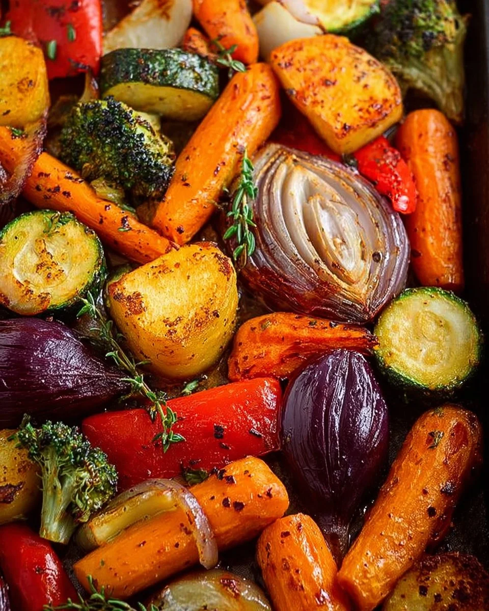 A colorful platter of perfectly roasted vegetables including carrots, bell peppers, and zucchini.