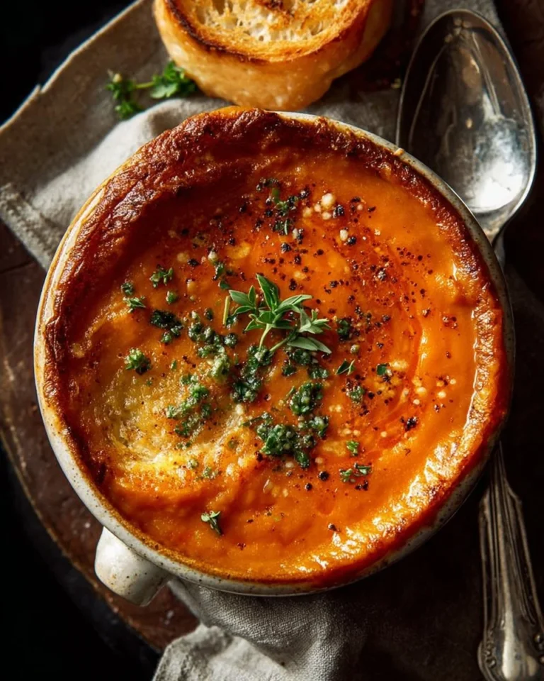Bowl of roasted veggie tomato soup with cheddar puff pastry on the side.
