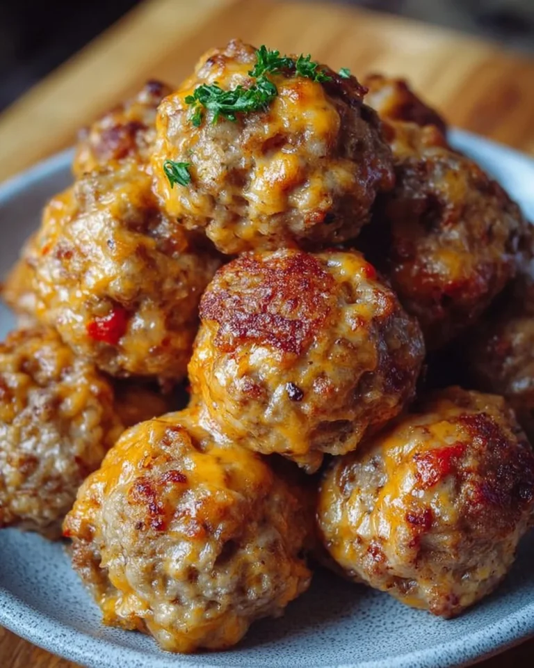 Plate of Rotel Cream Cheese Sausage Balls garnished with herbs