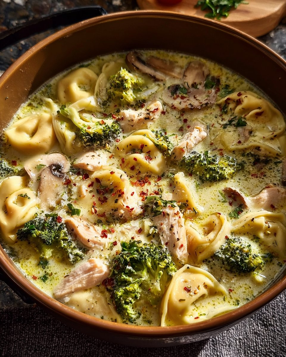 Creamy Chicken, Broccoli & Mushroom Tortellini Soup