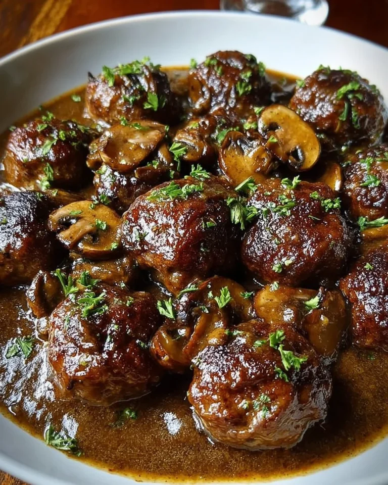 Salisbury steak meatballs served with gravy and mashed potatoes