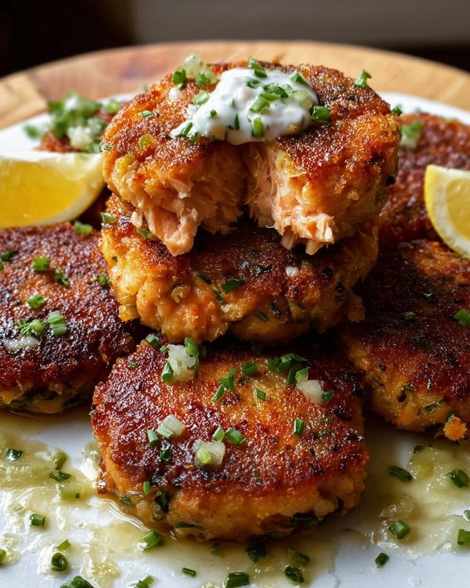 Plate of golden brown salmon patties served with sauce and lemon wedges.