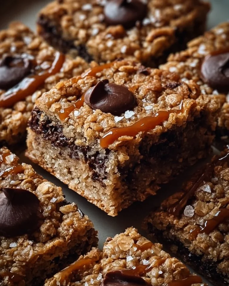 Delicious salted caramel chocolate chip oat cookie bars on a plate