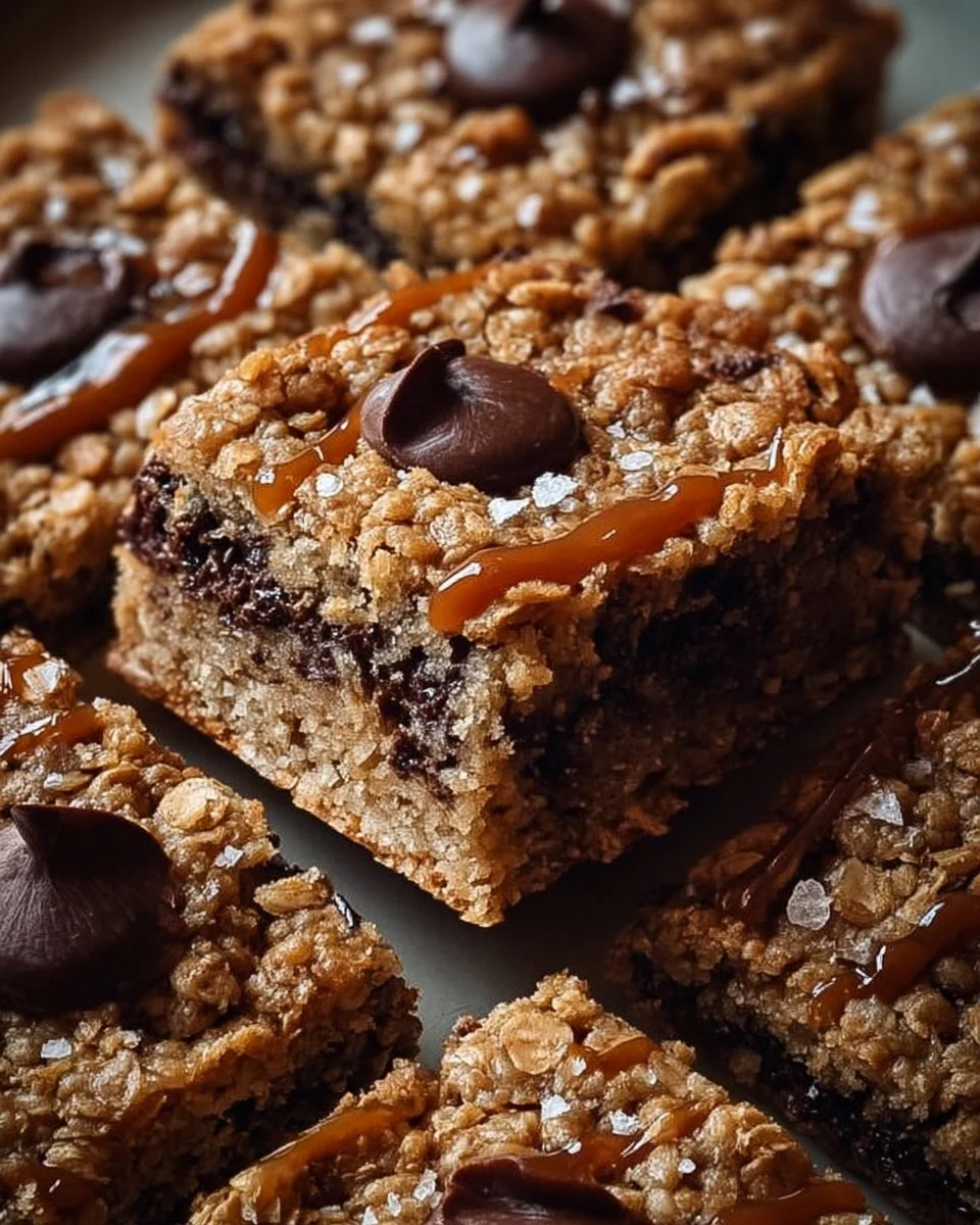 Delicious salted caramel chocolate chip oat cookie bars on a plate