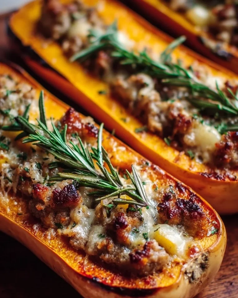 Sausage and apple stuffed butternut squash served on a plate with herbs