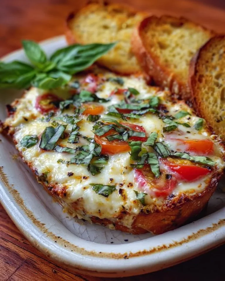 Savory baked bruschetta dip served in a dish with toasted bread
