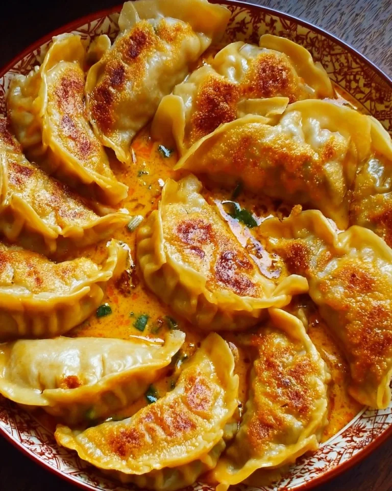 Savory baked potstickers with Thai curry sauce on a plate.