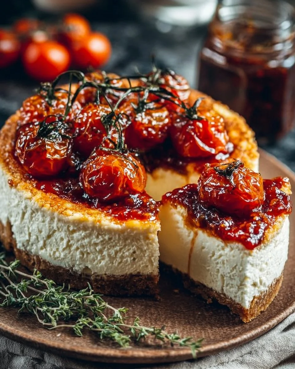 Savory cheesecake with roasted tomato jam and Parmesan crust displayed on a plate.