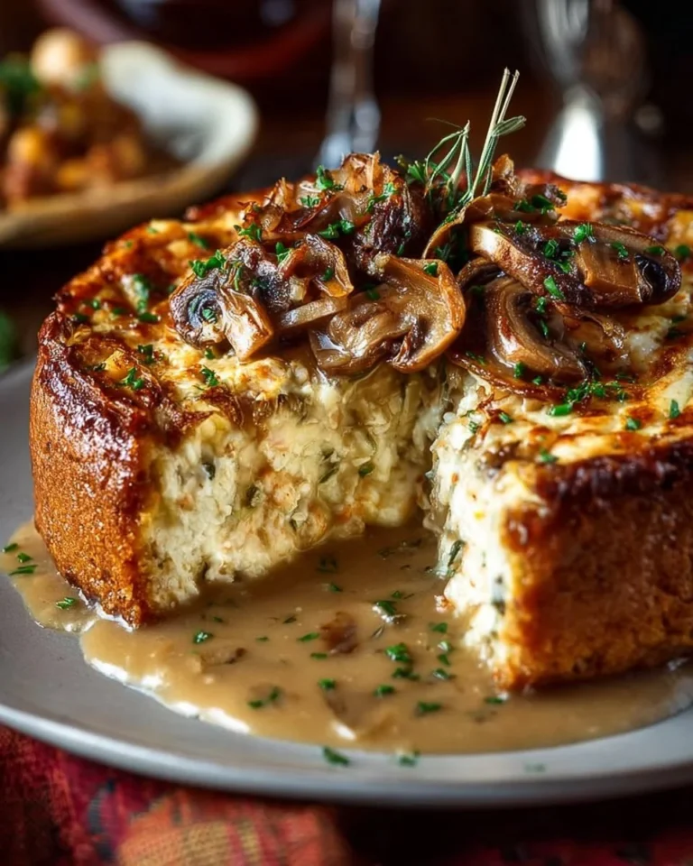 Savory crabmeat cheesecake served with mushroom gravy on a plate
