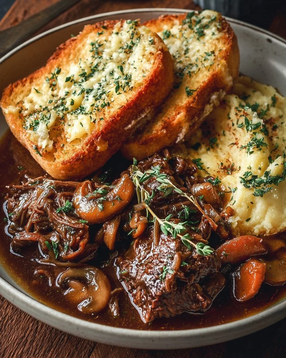 Savory French onion beef braised with mushrooms and topped with Gruyère toast