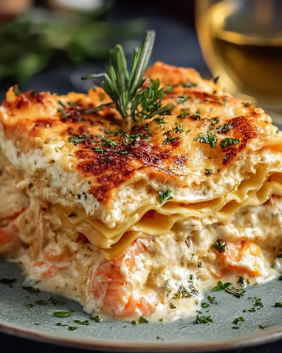 Delicious Seafood Lasagna layered with shrimp, scallops, and creamy sauce.