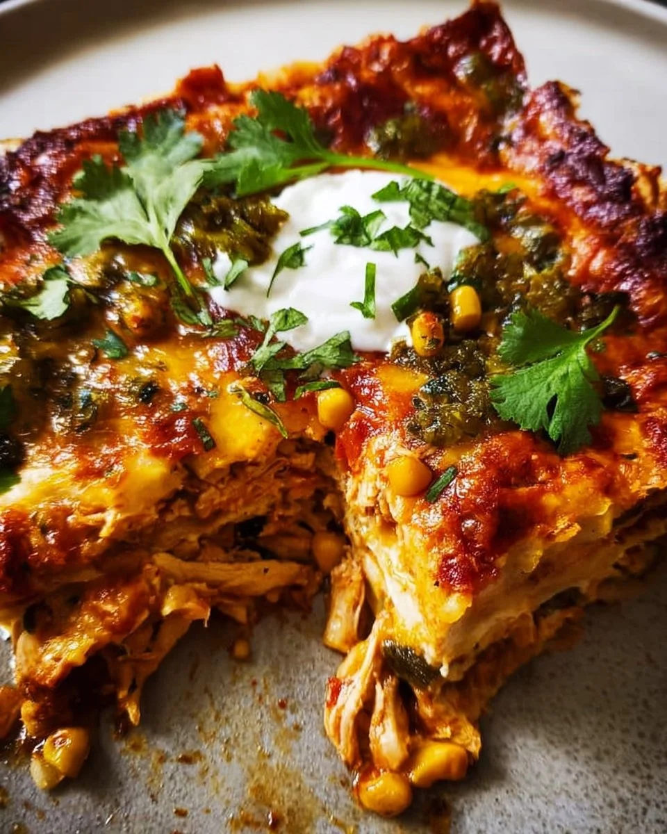 Delicious Shredded Chicken Mexican Lasagna served in a dish