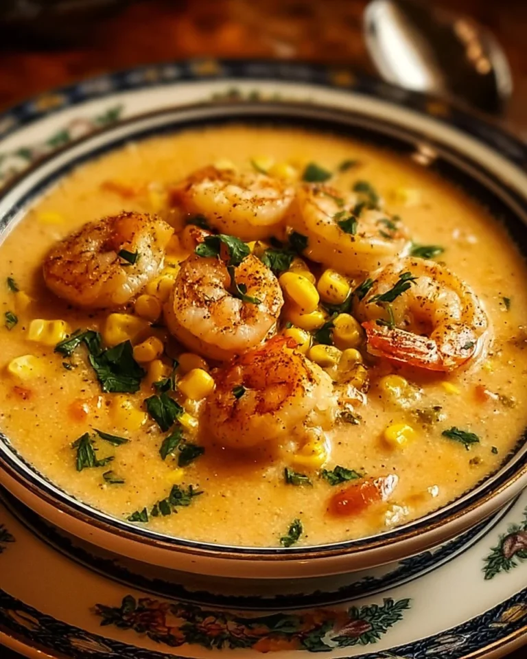 Bowl of shrimp and corn bisque garnished with herbs