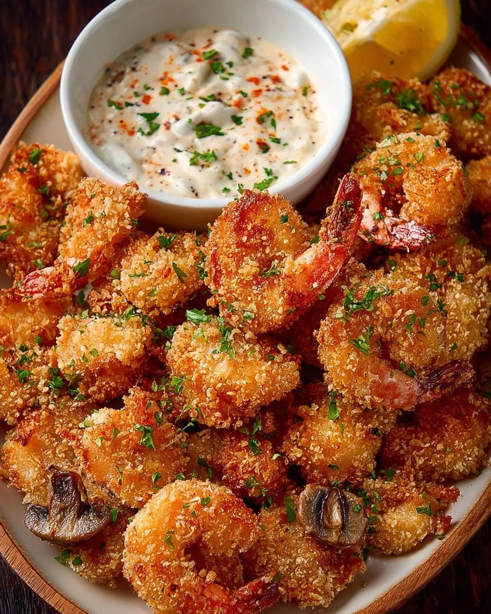 Plate of shrimp and mushroom bites served with spicy ranch dip for dipping.