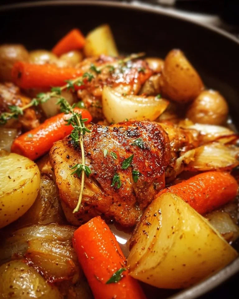 Simple chicken pot roast served with vegetables in a rustic setting.