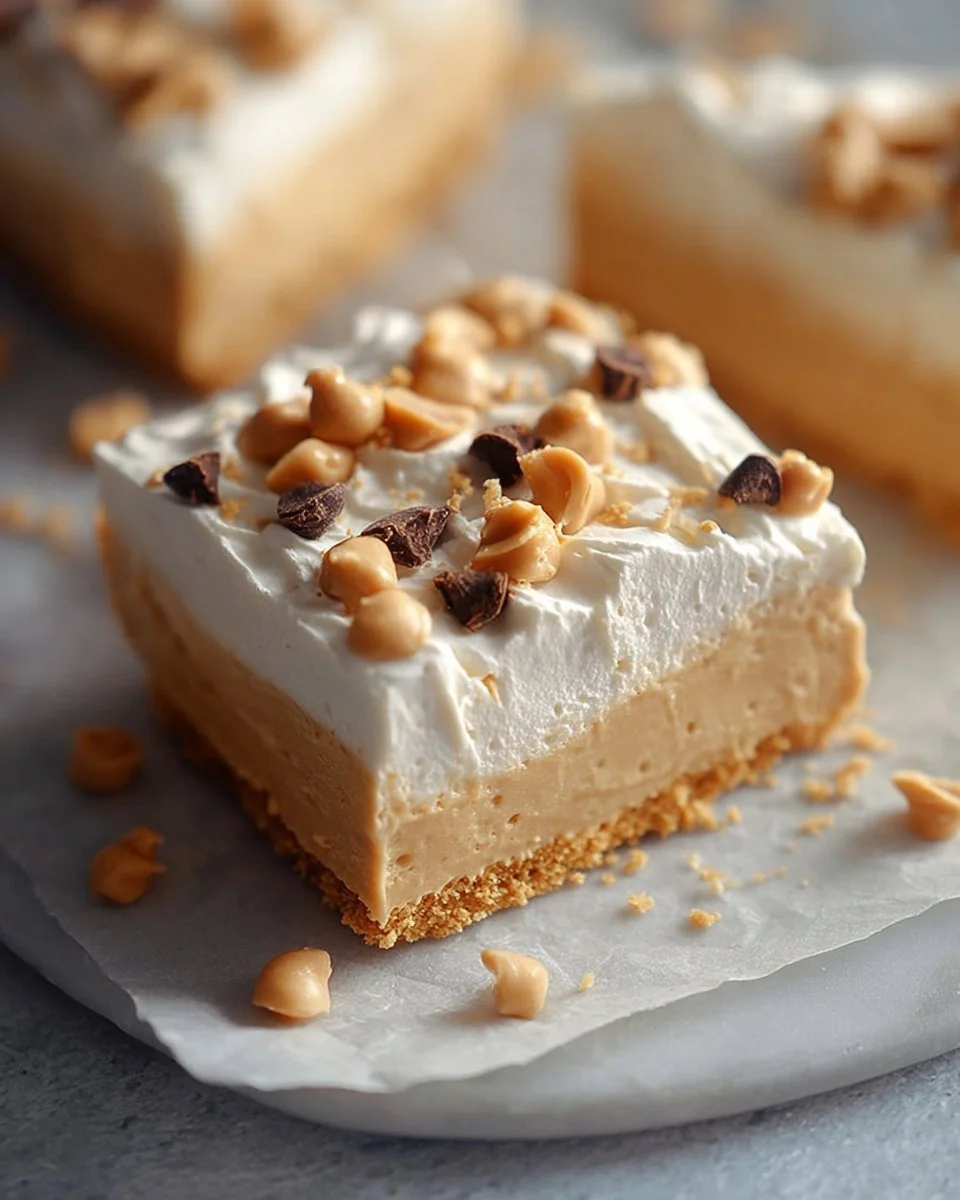 Delicious simple peanut butter pie with creamy filling and chocolate topping.