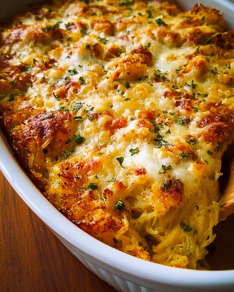 Simple spaghetti squash casserole dish topped with melted cheese and vegetables