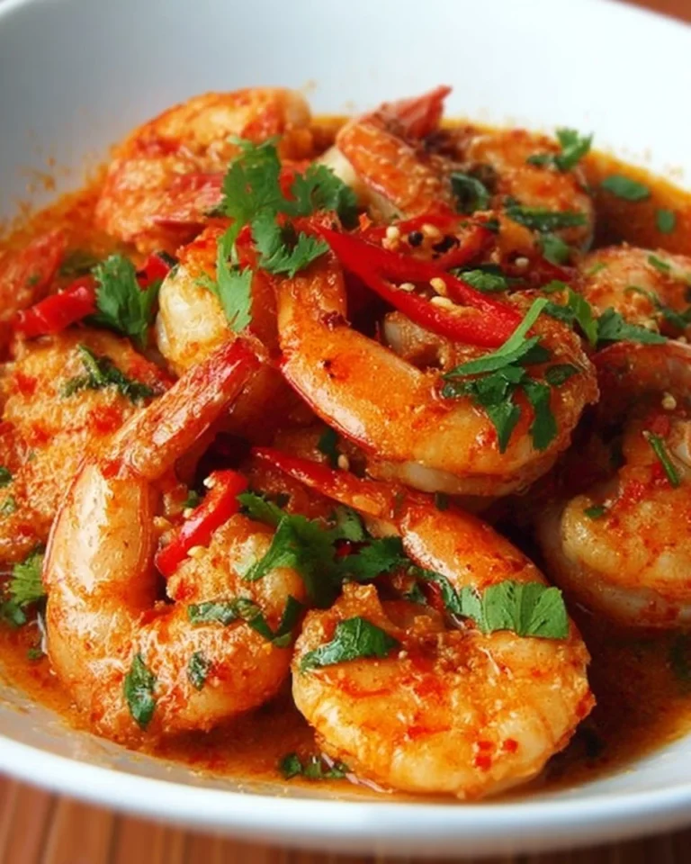 Delicious Singapore Chili Prawns served on a plate with vibrant colors and spices
