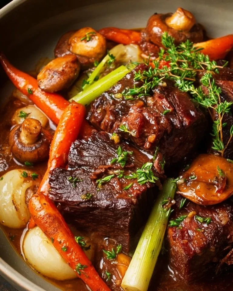 Plate of slow-braised beef with mushrooms, leeks, and carrots served on a table.
