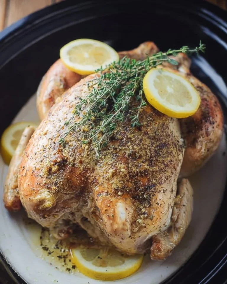 Delicious slow cooker lemon pepper rotisserie chicken ready to serve.