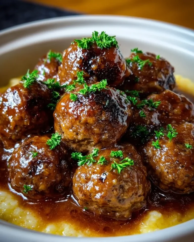 Slow Cooker Salisbury Steak Meatballs served with gravy and mashed potatoes
