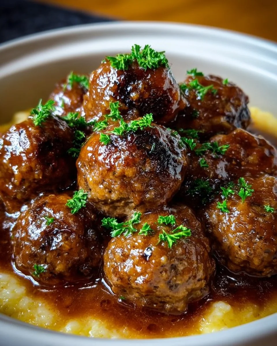 Slow Cooker Salisbury Steak Meatballs served with gravy and mashed potatoes