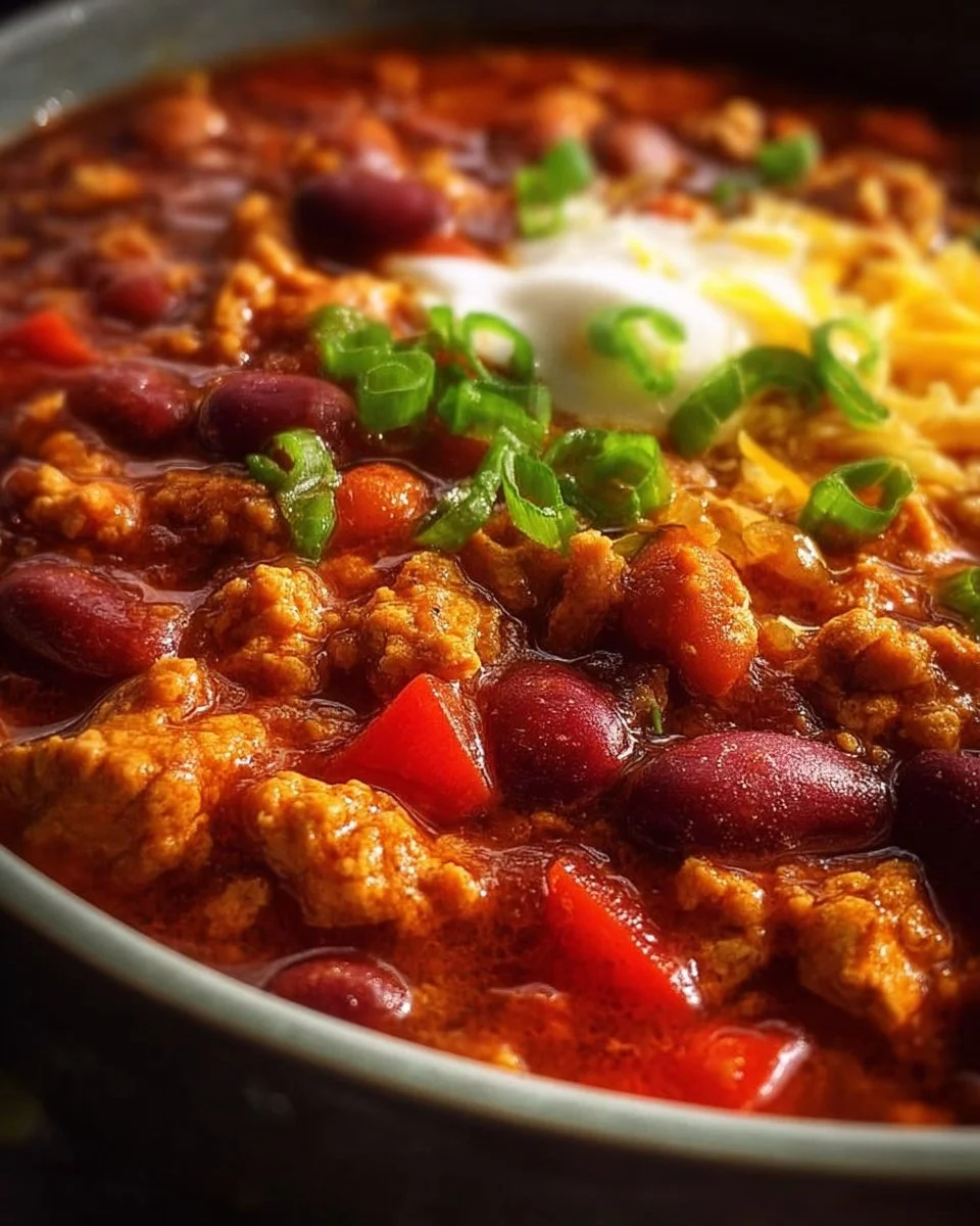 Smoky slow cooker turkey chili served in a bowl with fresh toppings