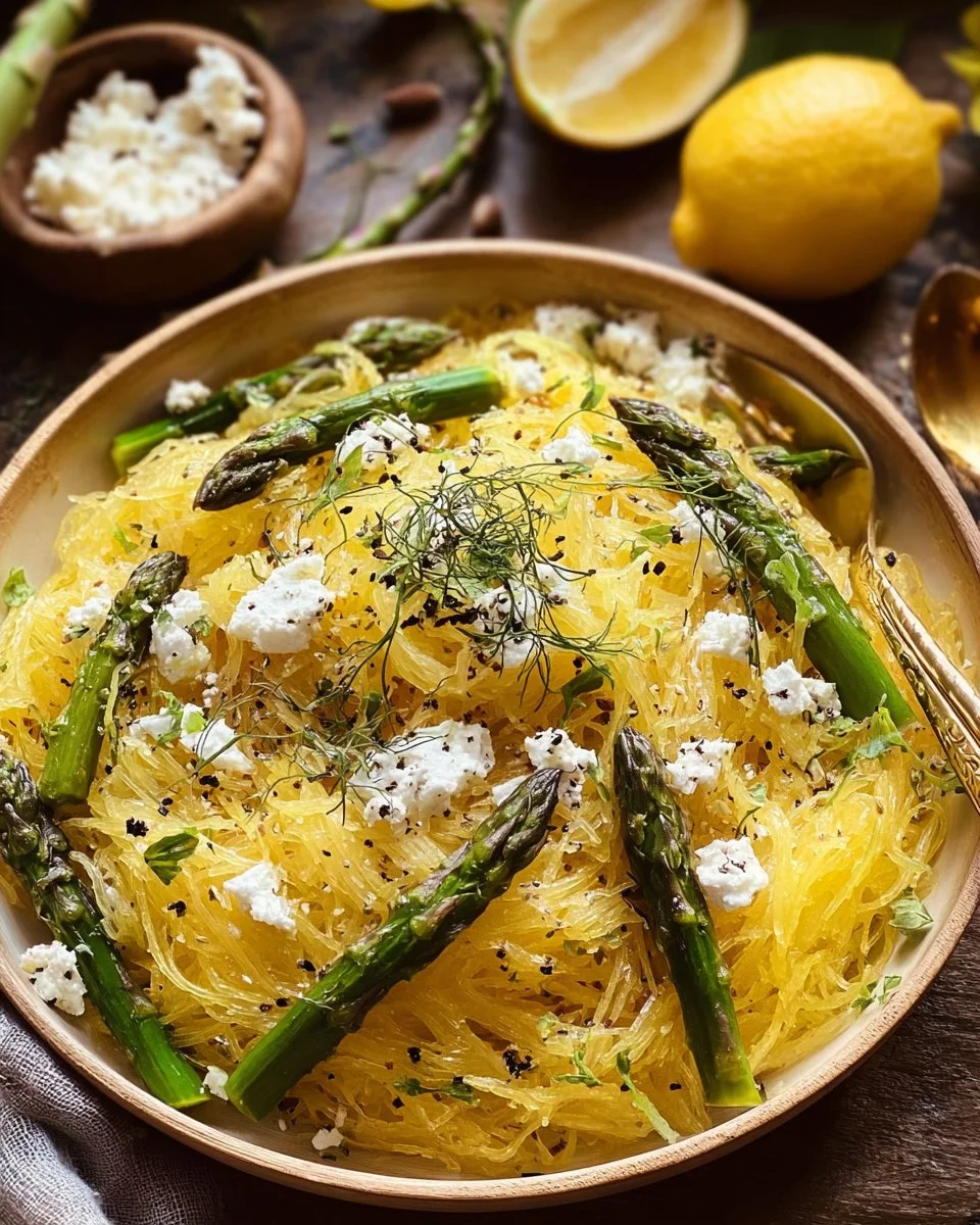 Spaghetti squash dish with asparagus, ricotta, lemon, and thyme garnished.