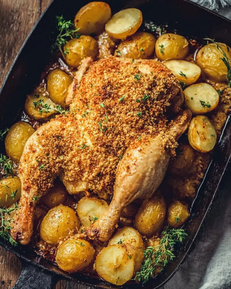 Spatchcock roast chicken served with crispy potatoes on a platter.