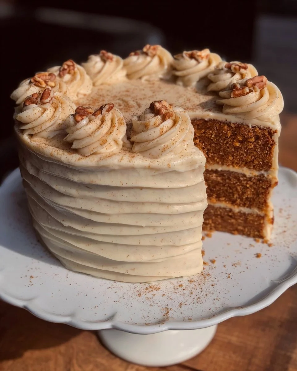 A slice of spiced cake with brown butter cream cheese frosting on a plate.