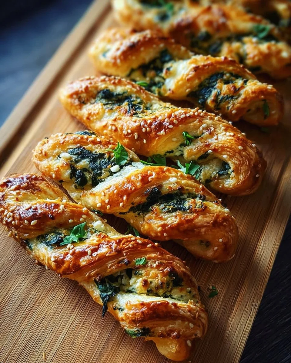 Spinach Feta Puff Pastry Twists ready to serve on a plate.