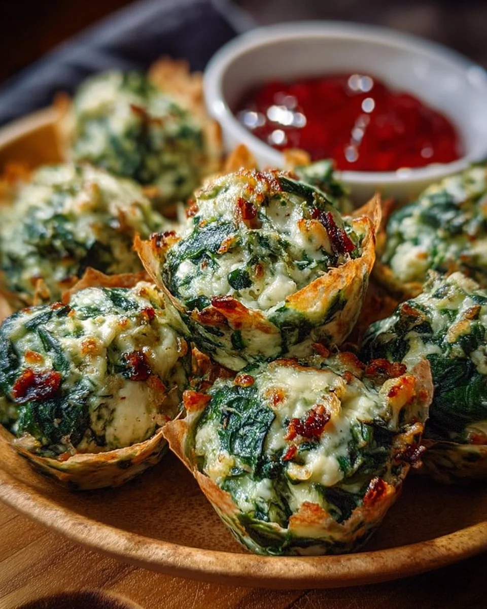 Crispy spinach dip bites served on a platter with dipping sauce.
