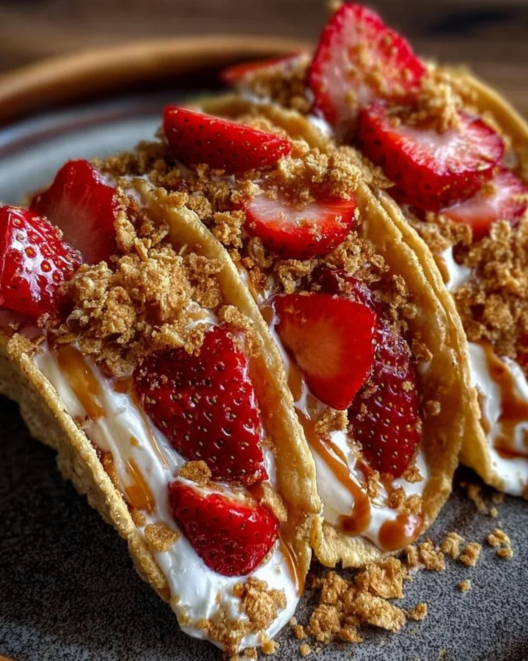 Strawberry Crunch Cheesecake Tacos on a plate, decorated with strawberries.