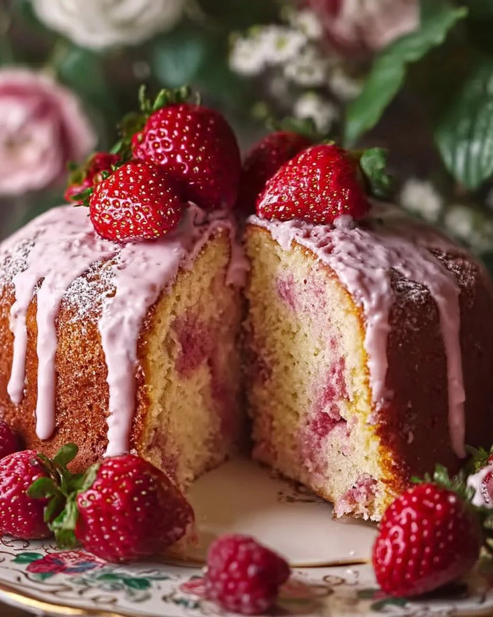 Slice of Strawberry Milkshake Pound Cake topped with fresh strawberries