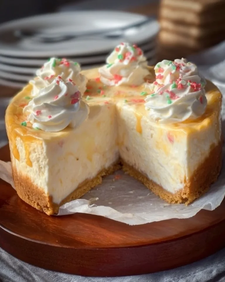 Delicious slice of sugar cookie cheesecake topped with sprinkles