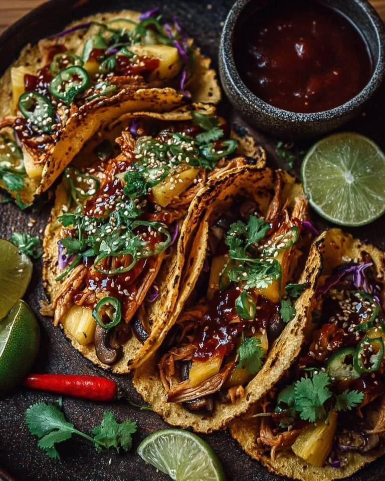 Sweet and spicy pineapple chicken tacos garnished with fresh cilantro